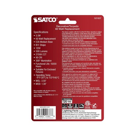 Satco 5.5-Watt B11 LED - Clear - Medium Base - 2700K - 500 Lumens - 120 Volts, 2PK S21837